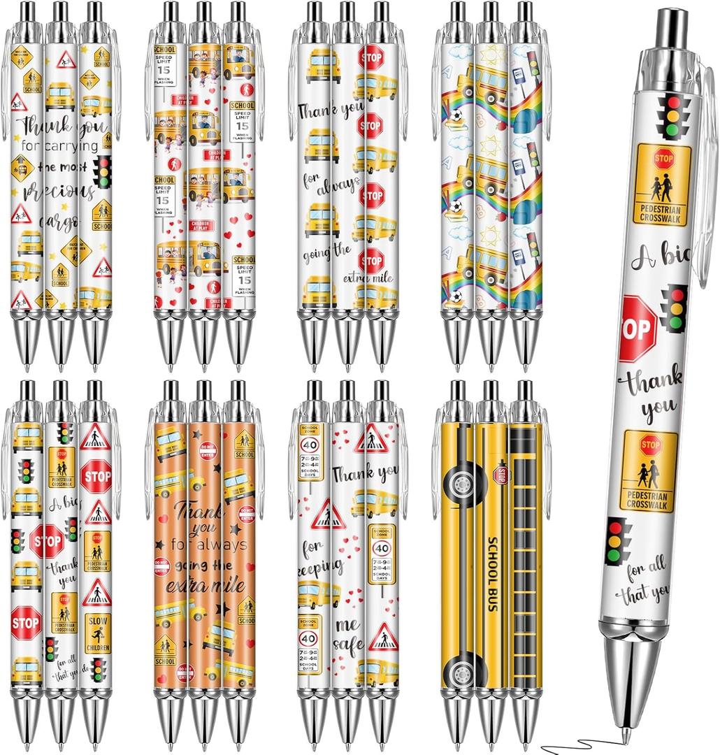 School Bus Ballpoint Pens - 24 Pcs Driver Appreciation Retractable Black Gel Ink Ball Point Pen Sets Students Thanks Motivational Gifts Bulk Supplies Fancy Office Writing Essentials Favors
