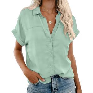 Rapbin Women's Button Down Shirt Short Sleeve Casual Blouse Shirts V Neck Collared Tops (Large, Solid_light Green)