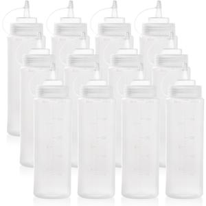 Bekith 12 pack 16 Oz Wide Mouth Plastic Squeeze Condiment Bottles with Twist On Cap Lids and Discrete Measurements, Empty Squirt Bottle For Sauce, Ketchup, Paint
