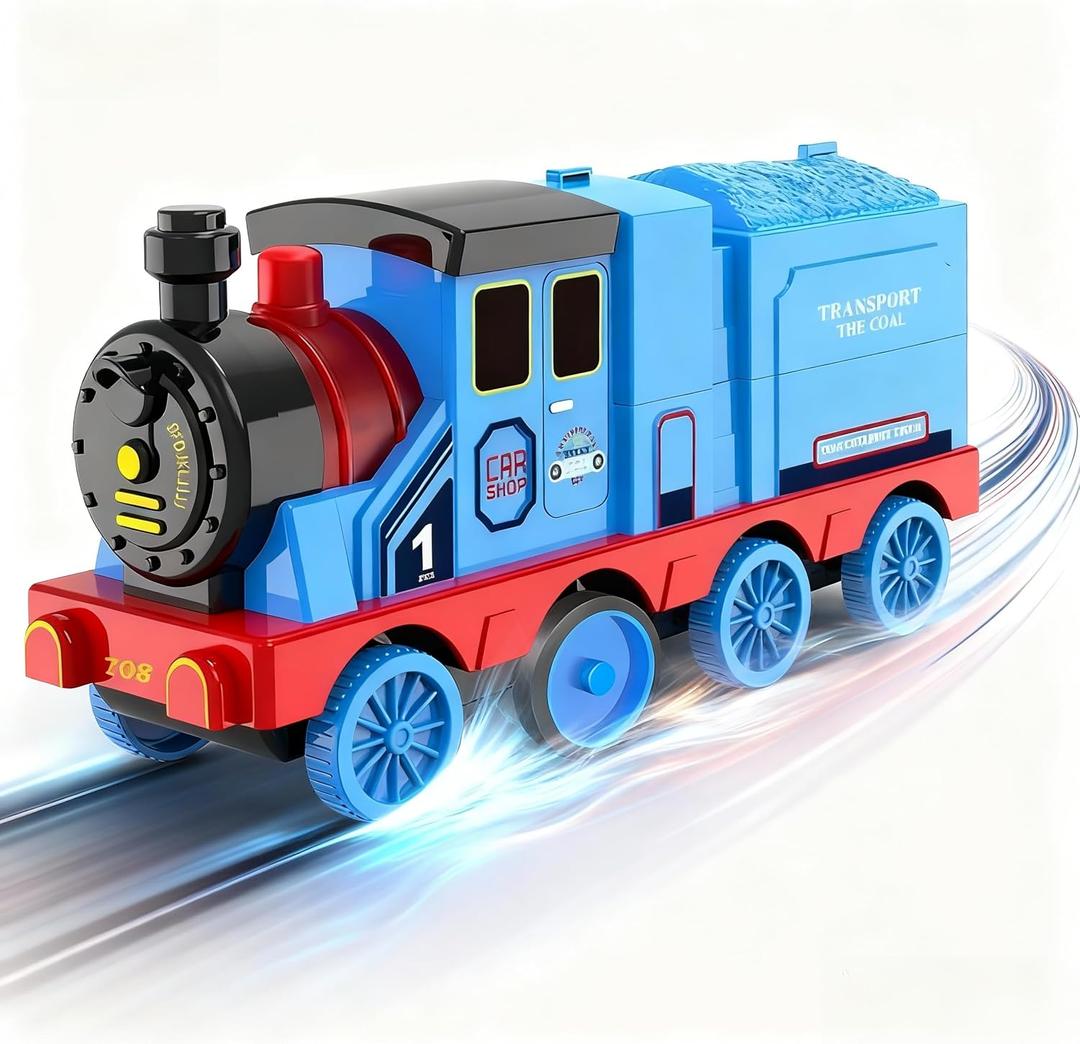 Transforming Engine Train Set for Kids & Toy Car Catapult, Back Folds Out to Secret Garage for Mini Cars, Shoot and Race Fun, Preschool Festival Train Gift Toys for Toddlers 3+ (Blue)