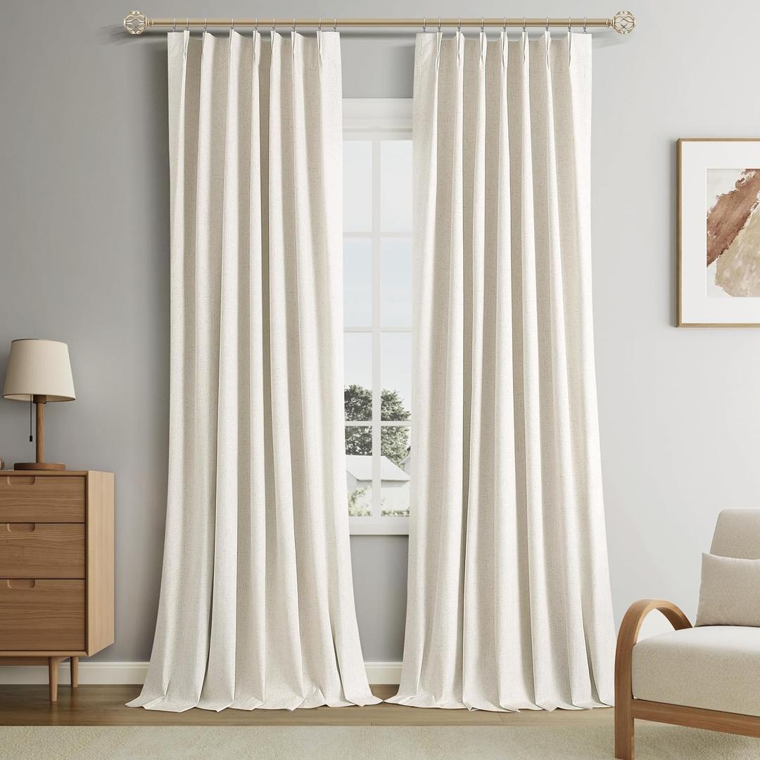 Pinch Pleated Linen Blackout Curtains 84 Inches Long for Living Room 2 Panel Set Beige 100% Black Out Pinch Pleat Hooks Rings Back Tab Drapes 84 Inch Curtain with Liner Bedroom Window