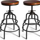 LOKKHAN Vintage Industrial Barstools - 13.8" Dia Round Wooden Brown Seat - Black Metal Base - Adjustable Height: 23.6"-29.5" / Minimalist Design/Raw Rustic Look/Rotating Top Bar Chairs, Set of 2, 13.78" Dia X 1.18" Thick, Height: 23.62"-29.52"