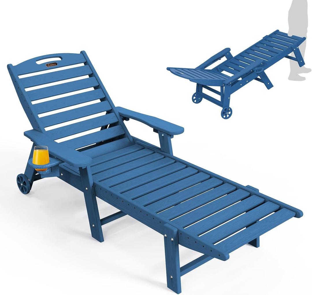 Lounge Chair Outdoor, Oversized Chaise Lounge Chair with 5 Positions, HDPE, Patio Lounge Chair with Wheels & Cup Holder for Pool, Deck, Poolside, Azure Blue (Wheels-1Pack, Navy Blue)