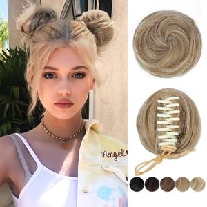 BOGSEA Space Buns Hair Pieces,2PCS Mini Claw Clip in Hair Bun Princess Leia Buns Hair Extension Updo Hairpieces for Women Girls(Brown Mixed Blonde)