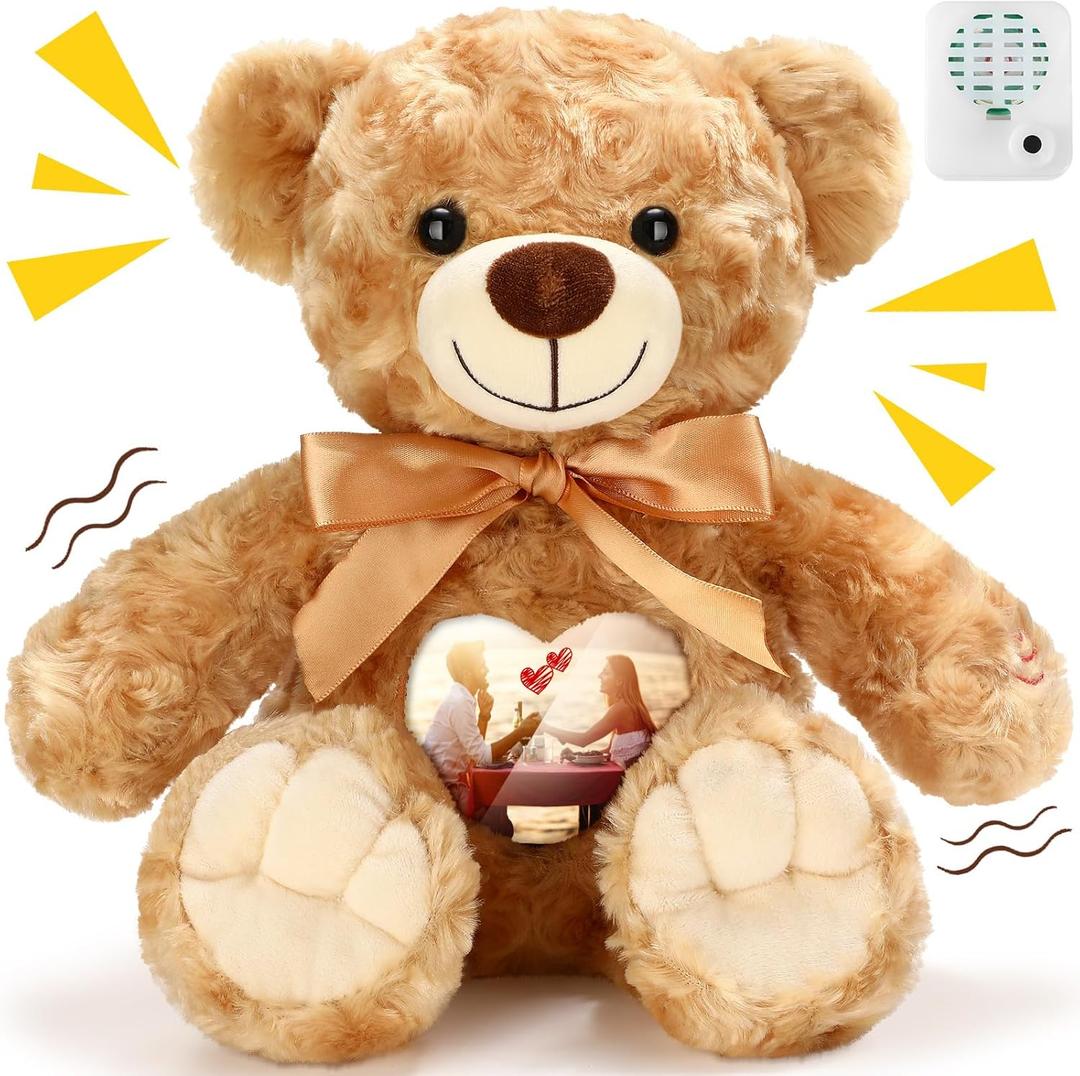 Silipull Remembrance Bear 12 Inch Rose Velvet Stuffed Animal with Recorder Brown Voice Recording Stuffed Animal with Picture Frame Recordable Gifts Fabric Toy
