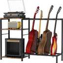 Guitar Stand for 4 Guitars, Adjustable Multiple Guitars Rack with Soft-Padded Protector for Acoustic, Electric, Bass & Ukulele, Guitar Display Stand with 3-tier Shelves for Amp & Vinyl Records