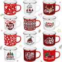 12 Pack Christmas Coffee Mugs Set, 12 oz Enamel Merry Christmas Mugs White and Red Funny Novelty Holiday Cups for Women Men Coworkers Gifts Xmas Party Favor