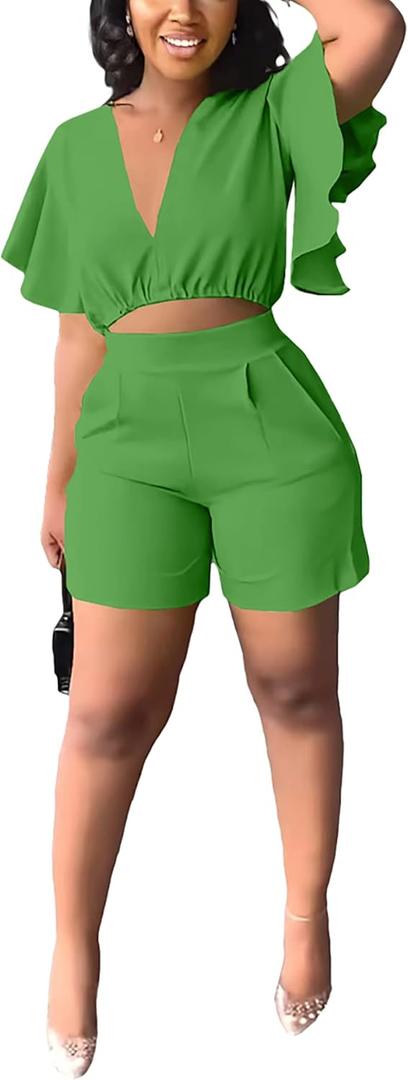 Fooullaide Womens Summer 2 Piece Outfit Set Crop Top Butterfly Sleeve Short Set Sexy Beach Vacation 2pc Sets (Small)