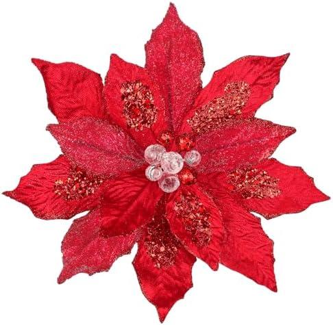 4 Pcs Poinsettia Artificial Christmas Flowers - 11.8" Christmas Flower Picks Large Red Glitter Ornaments Silk Floral Stems with Clips for Xmas Tree Decoration Wreath Garland Fireplace Stairs Decor