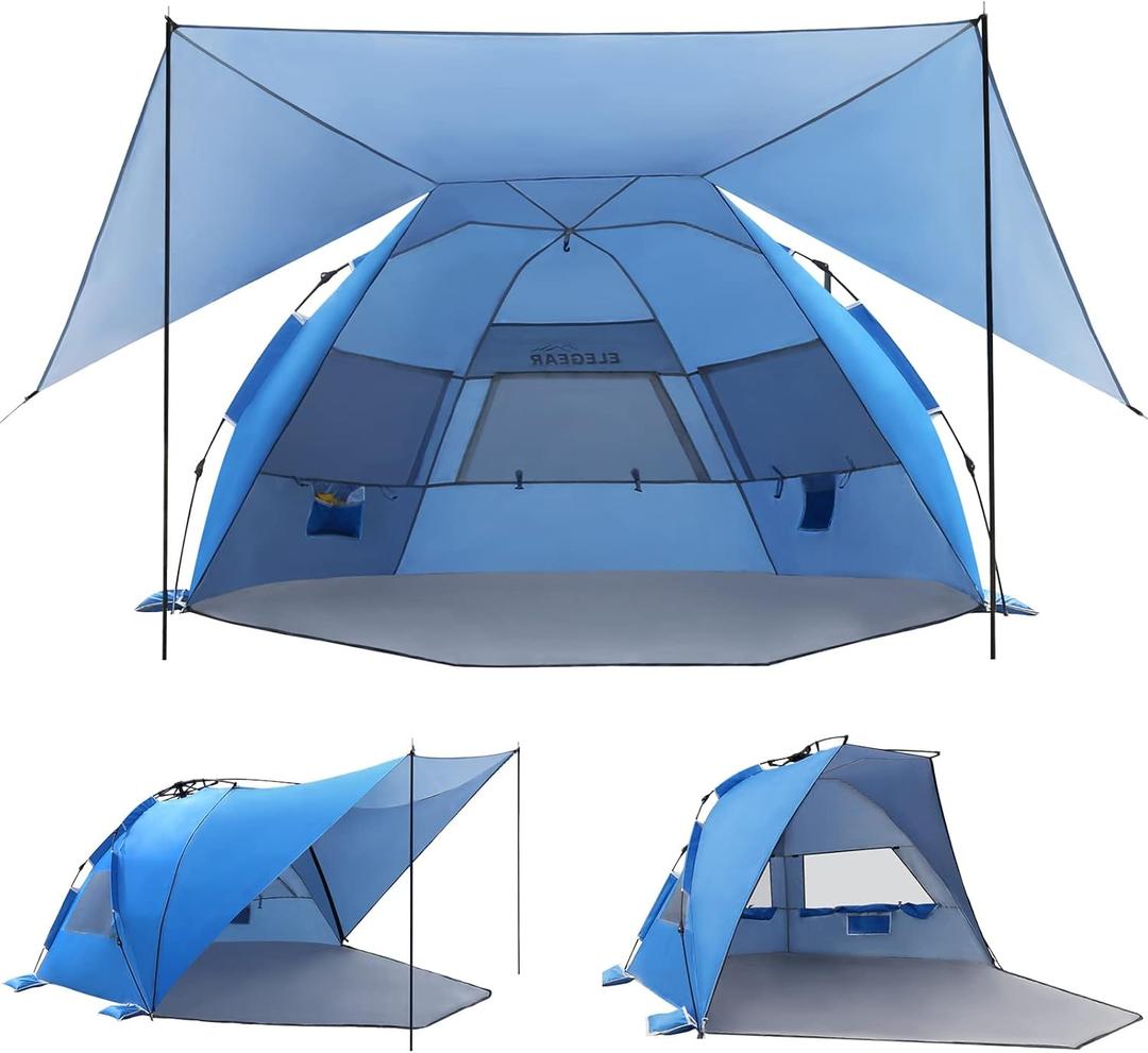 Elegear Beach Tent With 360 Removable Canopy, 4-6 Person Pop Up Sun Shade Shelter, UPF 50+ Automated Installation Double Silver Coating Portable Lightweight Cabana (Blue)