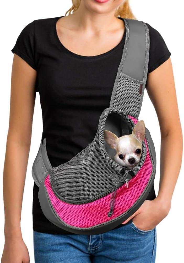 YUDODO Pet Sling Carrier for Small Dogs & Cats  Hands-Free Puppy Carrier with Safety Hook, Large Zipper Pocket, Soft Breathable Mesh, Adjustable Strap & Reflective Strip (Pink 1.0 L)
