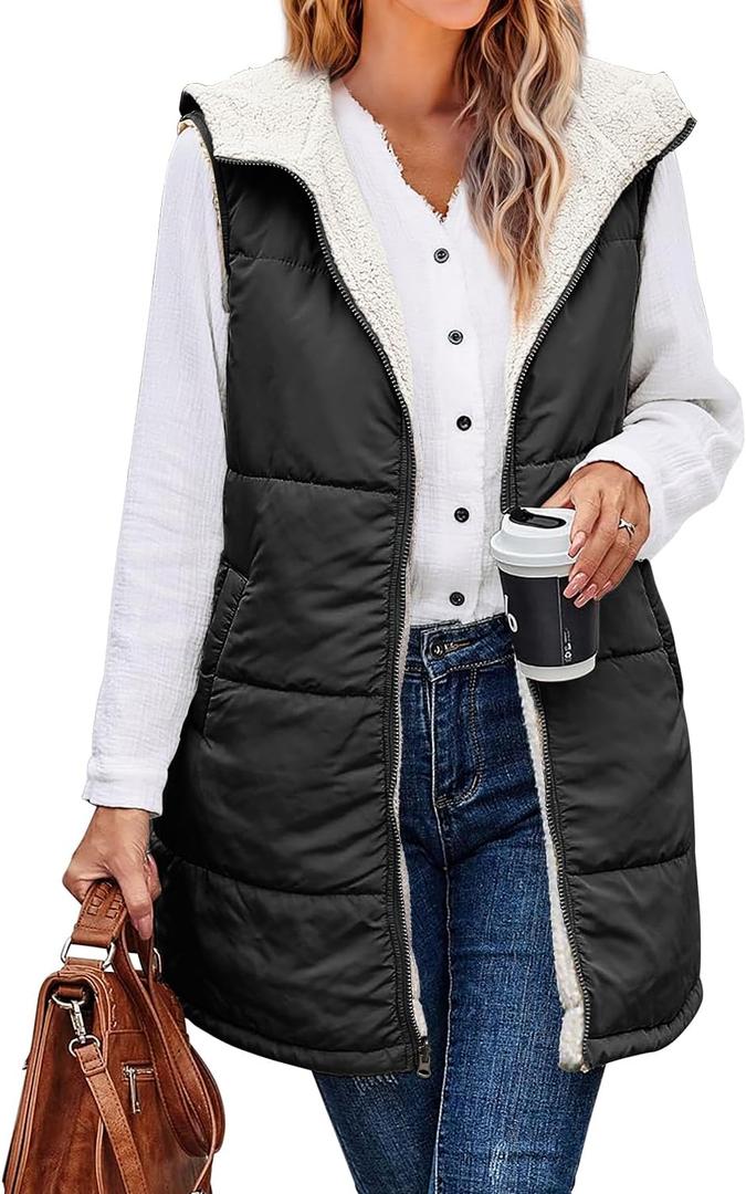 XIEERDUO Long Puffer Vest Women Outerwear Reversible Fleece 2024 Fall Winter Warm Sleeveless Zip Up Hoodie Coat with Pockets (Large, Black)