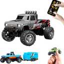 Mini Rc Truck, 1:64 Scale Monster Truck Remote Control Car with Lights, 2.4Ghz Remote Control, Mini Alloy Monster Truck Rc, Speed/Steering Adjustable (Grey)