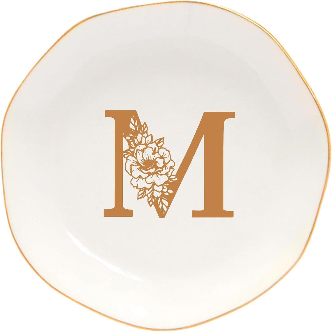 Ceramic Jewelry Tray Initial Ring Dish Personalized M-Monogrammed Engagement Wedding Gifts,Decorative Jewelry Holder for Friends,Sister,Birthday Mother's Day Christmas for Women,Ceramic White
