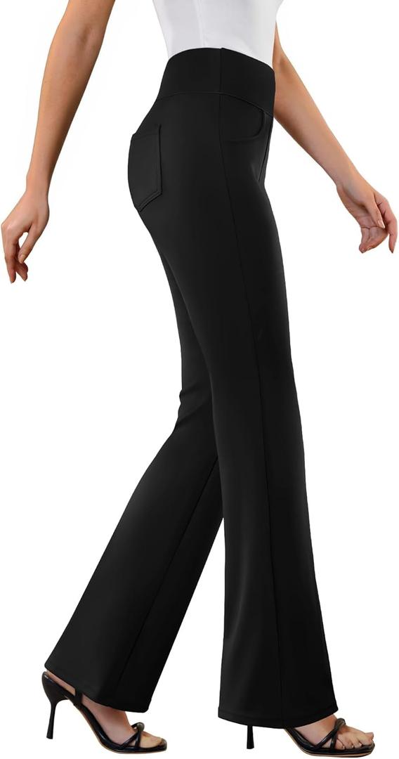Womens Dress Pants Stretchy Work Pants Business Casual Office Trousers Pull On Flare Slacks with 4 Pockets (Large, Black)