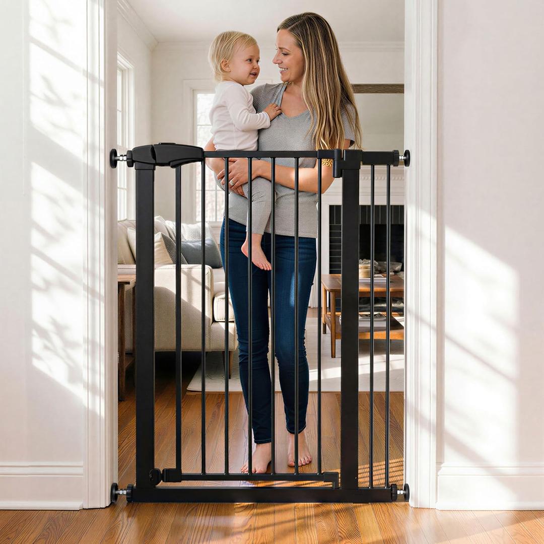 Fldofaves 42" Extra Tall Pet Gate for Cats and Dogs, Fits 29.5"-46" Wide Openings, Pressure Mounted Auto Close Cat Gate with Ultra Narrow Bar Spacing for Doorways, Stairs, Hallways(Black)