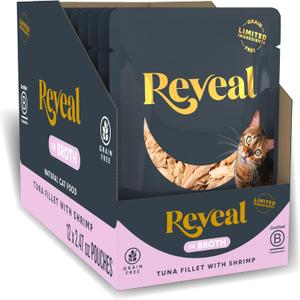 Reveal Natural Wet Cat Food, Limited and Natural Ingredients, Grain Free, High Protein with No Artificial Additives, Tuna Fillet with Shrimp in Broth (12 x 2.47 oz Pouches) (EXP 11/15/27)