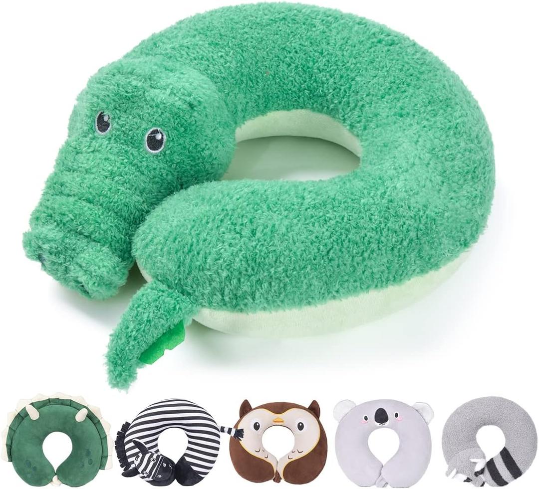 H HOMEWINS Travel Pillow for Kids,Cute Animal Neck Pillow for Boys Girls,Soft Neck Head Chin Support Pillow,Travel Accessories for Airplane, Car, Train,Recline (Crocodile)