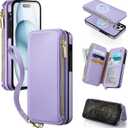Antsturdy 2 in 1 Detachable for iPhone 15 Pro Wallet case with Magsafe,RFID Blocking Magnetic Wireless Charging PU Leather Phone case Flip Folio Cover Card Holder Wrist Strap Women Men,Light Purple