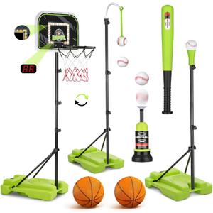 4 in 1 Kids Basketball Hoop and Tball Set for kids 3-5, Adjustable Height Toddler Basketball Hoop, Hanging Tee Baseball with Automatic Pitching Toddler Birthday Gift Outdoor Toys for 3-12 Years Old