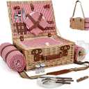 Picnic Basket with Blanket and Wine Pouch for 2, Wicker Picnic Set with Insulated Liner Cooler Bag Hamper for Camping,Wedding - Red Gingham