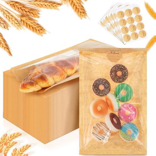 Outus 100 Pcs Cookie Packaging Bags with Seal, 6 x 10 Inch Bakery Pastry Bags with Window, Heat Sealable Grease Resistant Paper to Go Bake Sleeves for Gift Giving Donut Bread Sandwich (Brown)