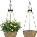 2 Packs Hanging Planters Basket for Outdoor Plants, Solar Powered Self Watering Copper Round Plastic Flower Pots with Drainer for Balcony Patio Garden Outdoor Decoration