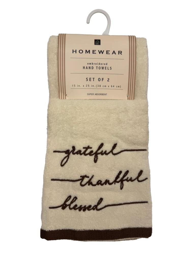 Homewear Embroidered Hand Towels - Grateful Thankful Blessed, 2 pk