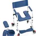 Shower Chair with Wheels, Two Modes Bedside Commode with Wheels, Aluminum Shower Wheelchair with Footrest, Portable Toilet with Bucket for Elderly and Disabled, 300 LBS Weight Capacity