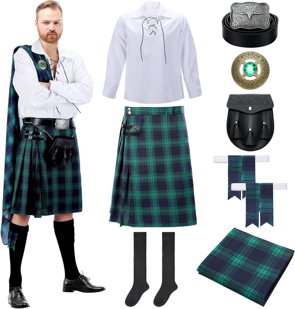 8 Pcs Scottish Tartan Kilt Accessories Scottish Kilts for Men Halloween Cosplay Costume Outfits Highland Games (X-Large)