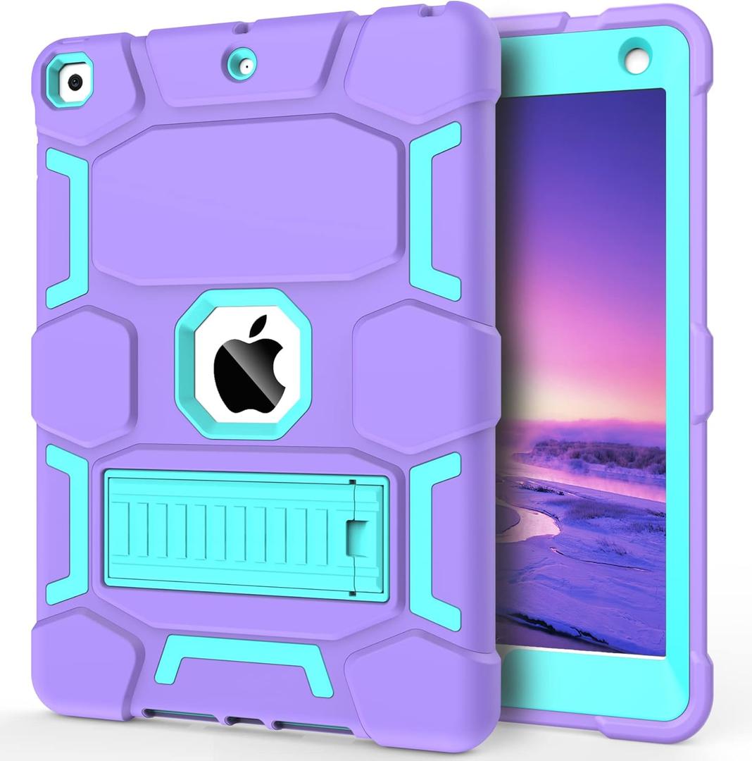 CCMAO for iPad 9th Generation Case, iPad 8th 7th Generation Case, iPad 10.2 Inch 2021/2020/2019 Case, Heavy Duty Shockproof Protective Cover with Kickstand for Kids Girls, Purple+Green