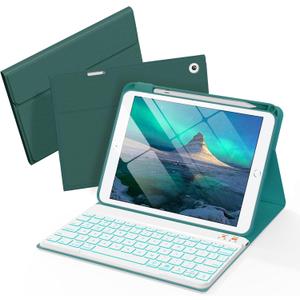 Folio Keyboard Case for iPad 9.7 inch 6th 2018, 5th 2017, Air 2 2014 Released, Magnetic Wireless Detachable Keyboard, 7-Color Backlight, Thin & Light, Pencil Holder (Cyan)