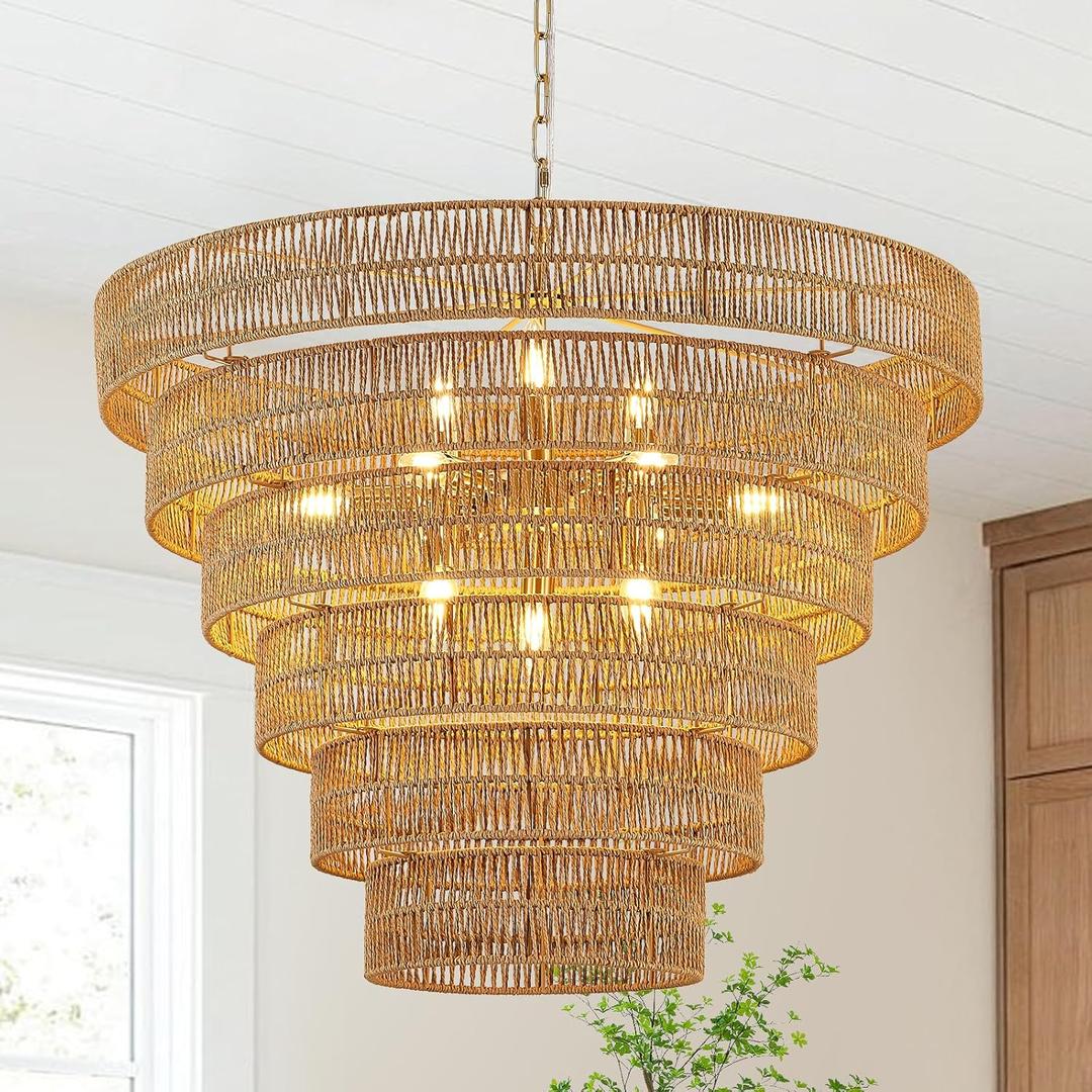 31.5 Large Boho Rattan Chandelier Light Fixture, 12-Light Golden Hand Woven Chandeliers 6-Tier Vintage Farmhouse Wicker Gold Chandelier for Dining Room, Kitchen, Bedroom, Living Room, Foyer