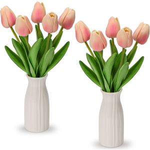 Briful 1 Packs Faux Flowers Artificial Tulips with Ceramic Vase, Poly Foam Pink Tulips Real Touch Flower Arrangement for Home Kitchen Wedding Centerpiece Decoration