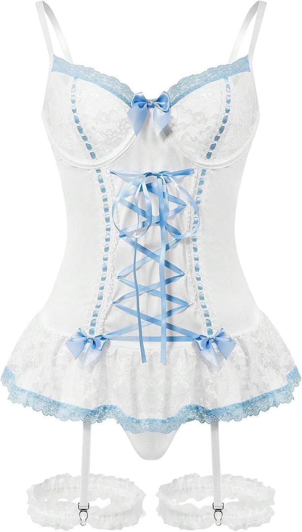 Sexy Mesh Corset Ruffle Lace Up Underwire Sheer Garter Belt Babydoll Lingerie Set With Thong 3 Piece Women (XX-Large, Blue)