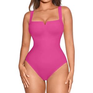 FeelinGirl Square Neck Bodysuit for Women Sleeveless Tummy Control Slimming Bodysuit Going Out Tank Tops (Large, Pink)