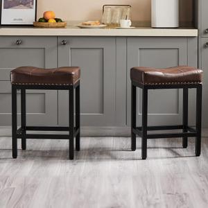 Sweetcrispy Bar Stools Set of 2, 24 Inch Counter Height Stools, PU Leather Upholstered Bar Chairs with Footrest, Modern Bar Stools for Kitchen Island, Dining, Living Room, Brown (Black Legs With Dark Brown Cushion)