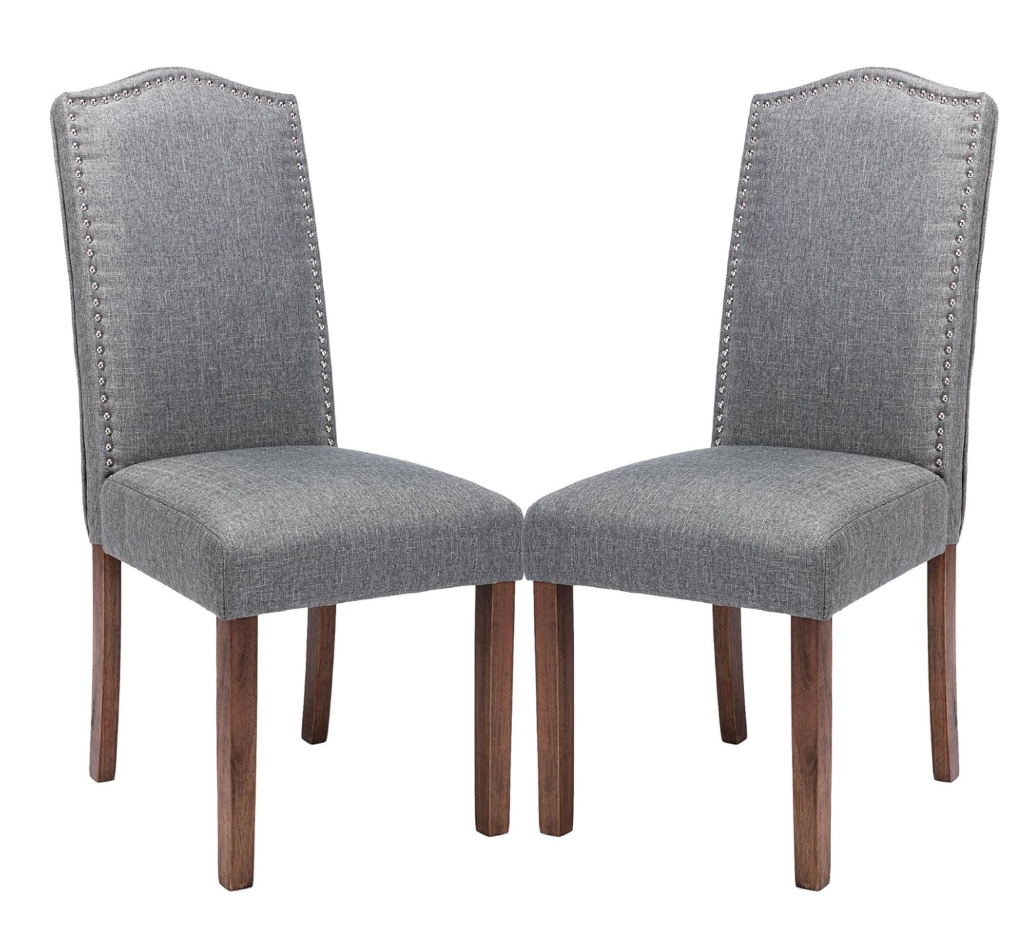 Stylish Upholstered Parsons Dining Chair Kitchen with Silver Nailhead Trim and Sturdy Solid Wood Legs (2 Pcs, Smoky Grey)