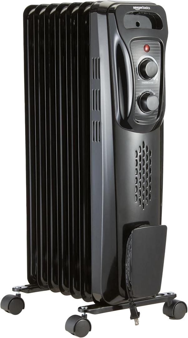 Amazon Basics Oil Heater, Radiator Heater for Indoor Use, With Over-Heat Protection, 7 Oil-Filled Steel Fins, 3 Heat Settings, ETL-certified Safety, 1500W, Black, 11"D x 14.8"W x 25.2"H