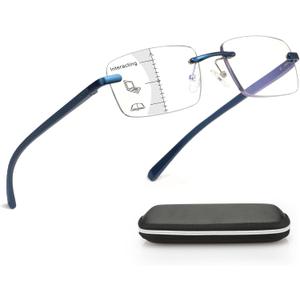 Missfive Premium Aluminum Progressive Multifocus Reading Glasses Men Blue Light Blocking, No-Line Spring Hinge Rimless Office Multifocal Metal Readers, Workspace for Near Range, +2.25, Sapphire (Multifocal, Non-0 Top Lens / Dark Sapphire)