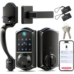 Veise VE017-H Fingerprint Smart Front Door Lock Set, App Control, Keyless Entry Deadbolt with Handle, Smart Deadbolt, Emergency Power Port, Touchscreen Keypad, Auto Lock, Easy Install, Matte Black