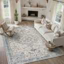 PureCozy Blue 8x10 Area Rug for Living Room Vintage Machine Washable Large Rug Non-Slip Soft Low Pile Carpet Floral Stain Resistant Indoor Office Throw Rug for Bedroom Dining Room Nursery