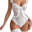 Aranmei Women Sexy Lingerie Bodysuit Floral Lace Teddy Babydoll Snap Crotch Ruffle One Piece with Thigh Bands (XX-Large, White)