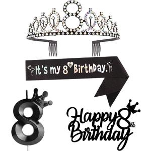 8th Birthday Decorations for Girl - Including Crown/Tiara, Sash, Cake Toppers & Number 8 Candles - Black Party Supplies