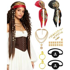 Pirate Accessories Set for Women, 25PCS Pirate Costume Kit with Scarves Eye Patches for Halloween Cosplay Fair
