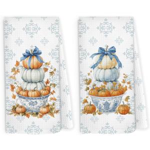 Chinoiserie Fall Pumpkin Kitchen Dish Towels 16x24 Inch Set of 2, Blue and White Chinoiserie Grand Millenial Bow Pumpkin Decorative Hand Towel Tea Towels for Kitchen, Fall Bathroom Decor