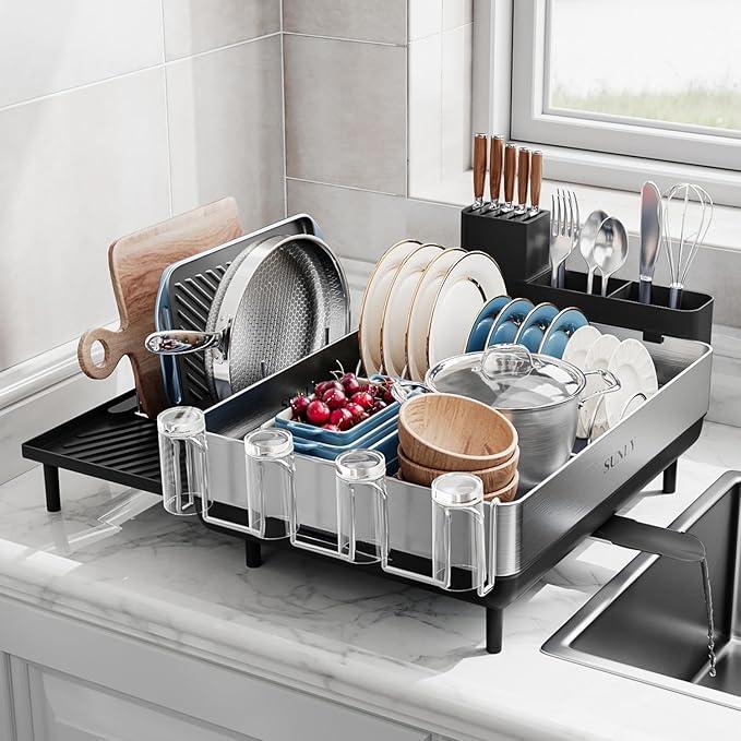 Expandable Dish Drying Rack, Dish Racks for Kitchen Counter, Stainless Steel 304, FlipTop Retractable Plate, MultiDirectional Adjustable Dish Rack, Space Saving Large Drying Rack Kitchen, Black+Silver
