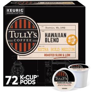 Tully's Coffee Hawaiian Blend Keurig Single-Serve K-Cup Pods, Medium Roast, 72 Count (EXP 03/28/28)