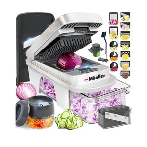 Mueller Pro-Series All-in-One, 12 Blade Mandoline Slicer for Kitchen, Food Chopper, Vegetable Slicer and Spiralizer, Cutter, Dicer, Grater, Kitchen Gadgets Sets with Container, White Sand/Gray