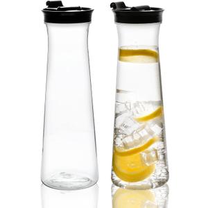 Clear Plastic Water Pitchers Carafes with Flip top Black Lids 34 OZ Heavy Duty Beverage Pitcher Jug for Juice or iced Coffee Great for Mimosa bar Restuarants ot Schools Pack of 2